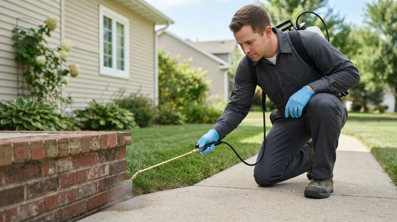 Pest control technician treating a home near Lebanon, IN